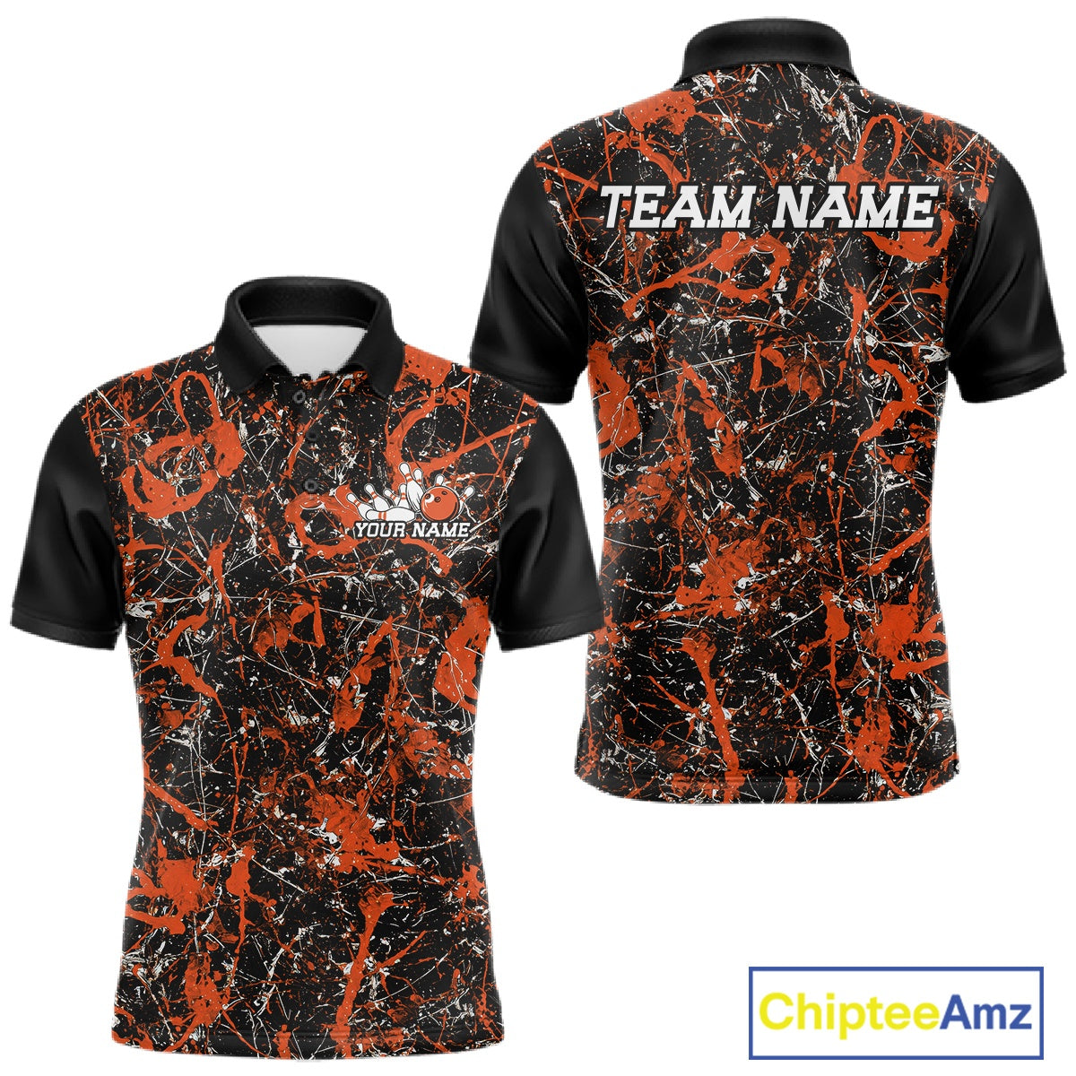 Front and back views of a black polo shirt with orange paint-splatter graphics, personalized with â€œYour Nameâ€ on the chest and â€œTeam Nameâ€ across the back.
