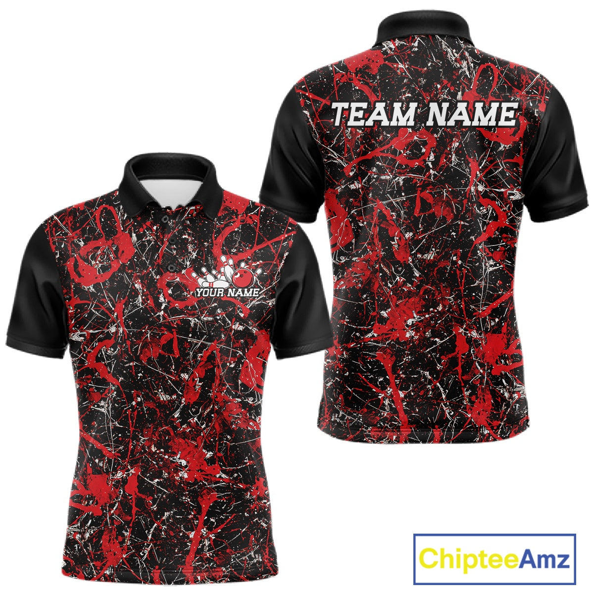 Front and back views of a black polo shirt with red paint-splatter graphics, personalized with â€œYour Nameâ€ on the chest and â€œTeam Nameâ€ across the back.