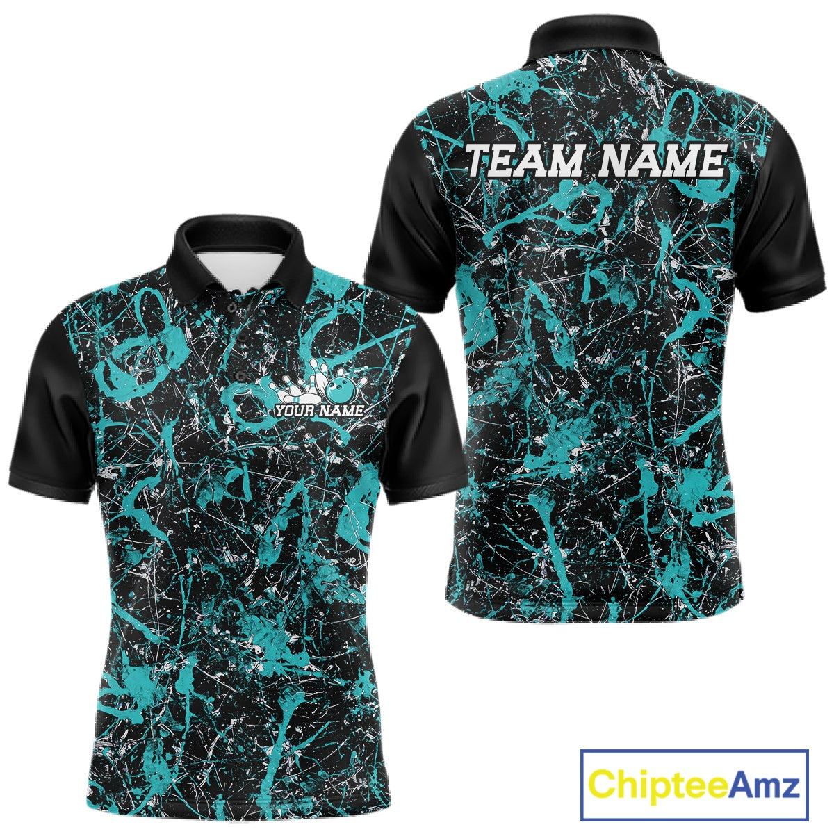 Front and back views of a black polo shirt with teal paint-splatter graphics, personalized with â€œYour Nameâ€ on the chest and â€œTeam Nameâ€ across the back.