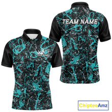 Load image into Gallery viewer, Front and back views of a black polo shirt with teal paint-splatter graphics, personalized with “Your Name” on the chest and “Team Name” across the back.