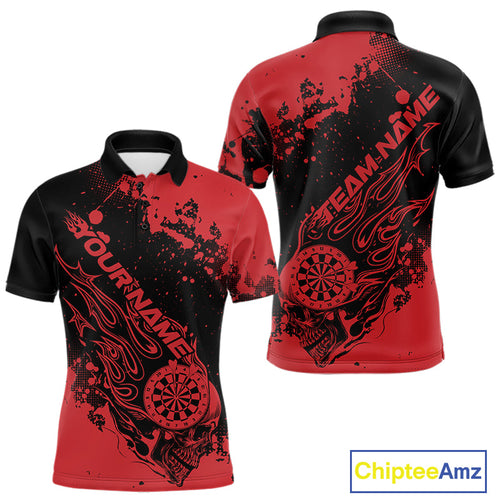 Custom Black And Red Splatter Flame Dart Skull Men Polo Shirt, Grunge Halloween Jerseys IPHW10049