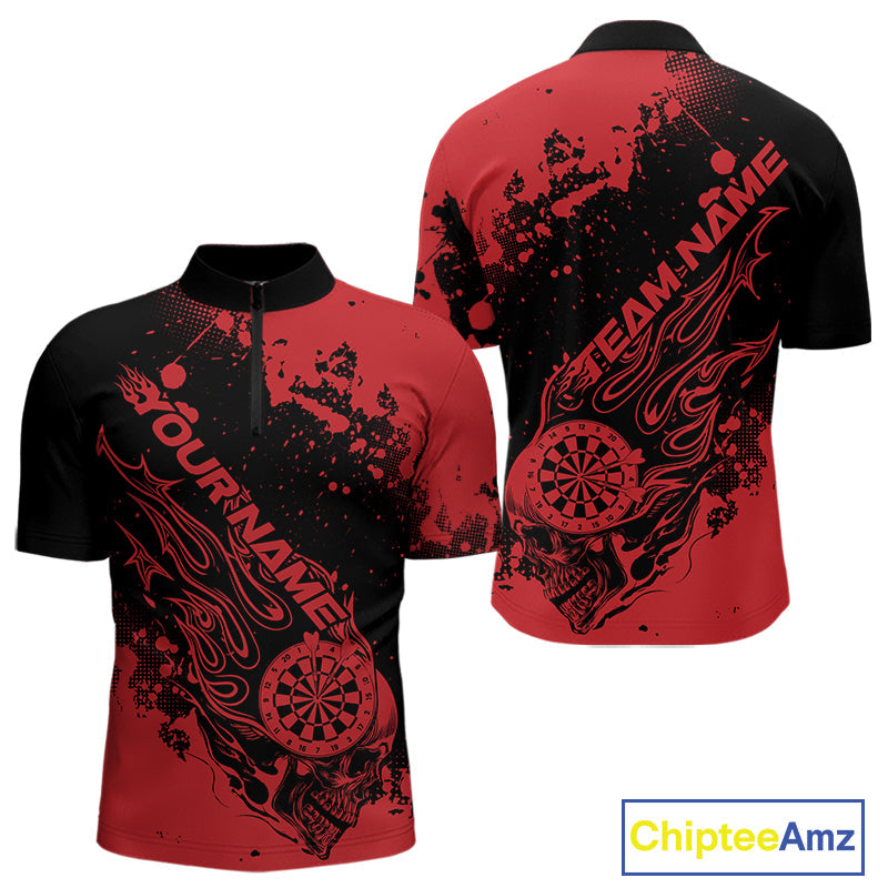 Custom Black And Red Splatter Flame Dart Skull Men Quarter-Zip Shirt, Grunge Halloween Jerseys IPHW10049