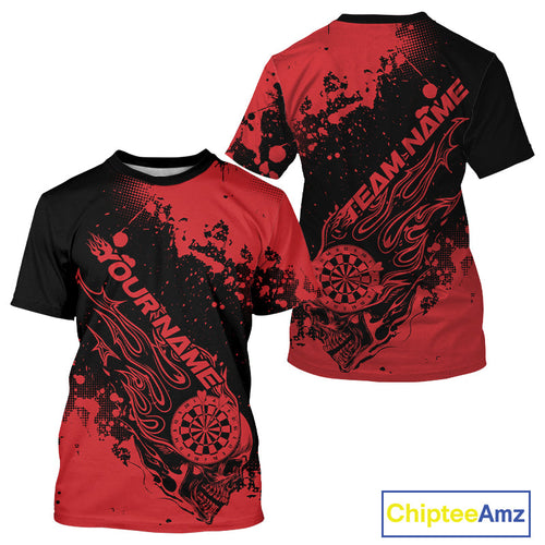Custom Black And Red Splatter Flame Dart Skull Men T-Shirts, Grunge Halloween Jerseys IPHW10049