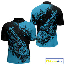 Load image into Gallery viewer, Custom Black And Blue Splatter Flame Dart Skull Men Quarter-Zip Shirt, Grunge Halloween Jerseys IPHW10050