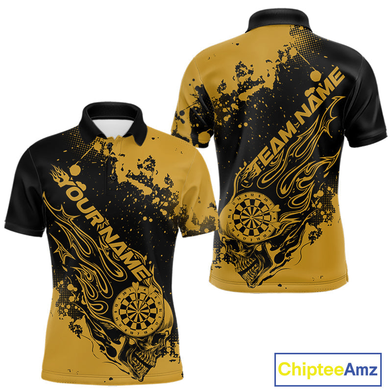 Custom Black And Yellow Splatter Flame Dart Skull Men Polo Shirt, Grunge Halloween Jerseys IPHW10051