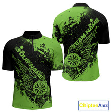Load image into Gallery viewer, Custom Black And Green Splatter Flame Dart Skull Men Quarter-Zip Shirt, Grunge Halloween Jerseys IPHW10052