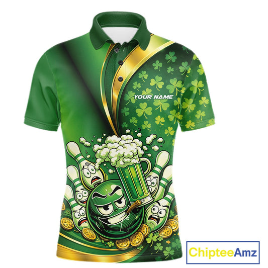 Custom Funny St Patricks Party Beer Bowling Team Shirts, Green Shamrock And Gold Coin Bowling Jerseys IPHW10523