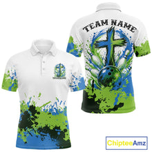 Load image into Gallery viewer, Vibrant blue and green abstract splatter bowling team shirt featuring a faith cross design for league bowlers
