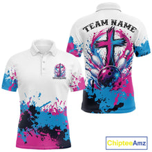 Load image into Gallery viewer, Vibrant pink and blue abstract splatter bowling team shirt featuring a faith cross design for league bowlers