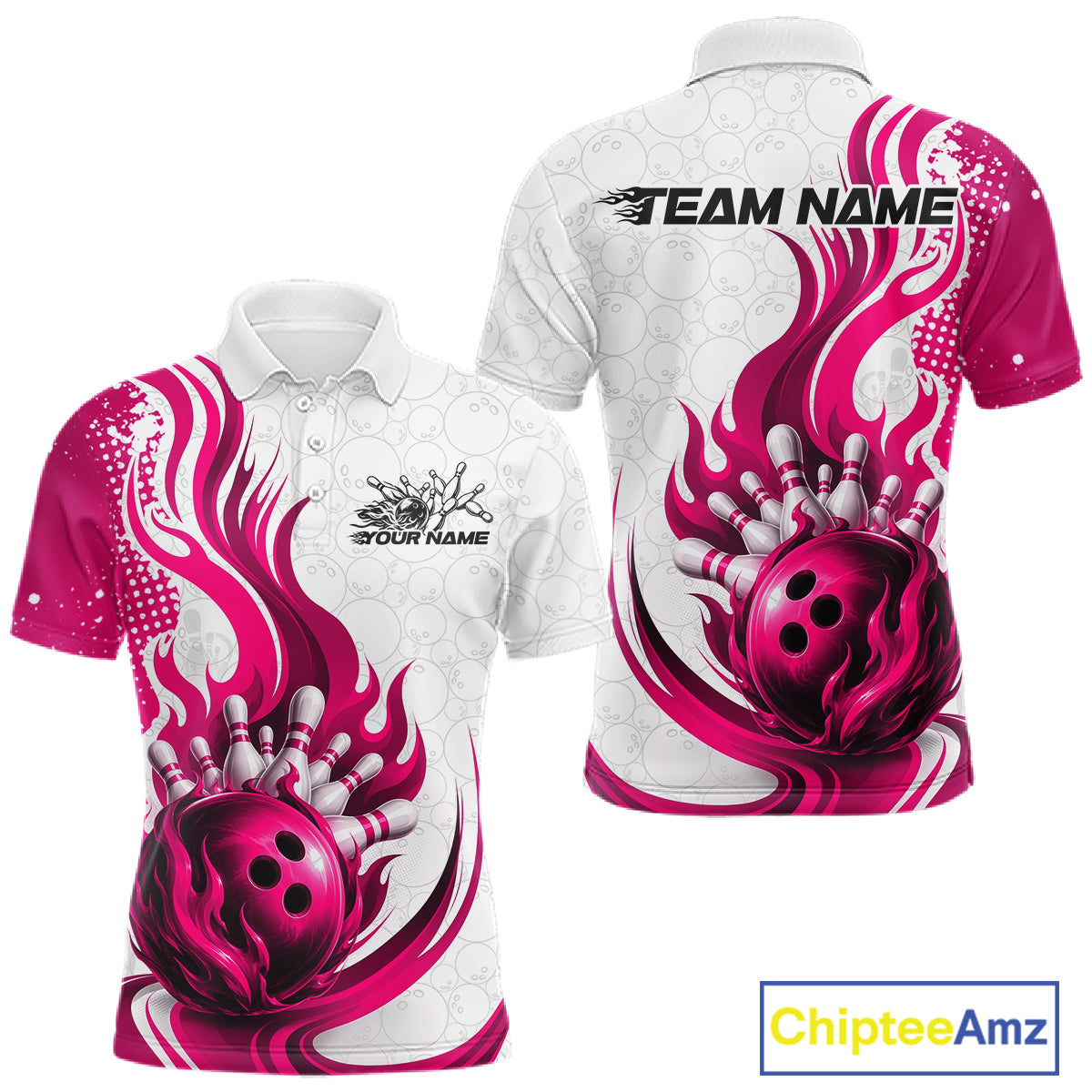 A custom short-sleeve polo shirt shown from both front and back views. The shirt features a white base with vibrant hot pink and magenta flame-like swirls, a large 3D bowling ball graphic, and customizable text placeholders 'TEAM NAME' and 'YOUR NAME'.