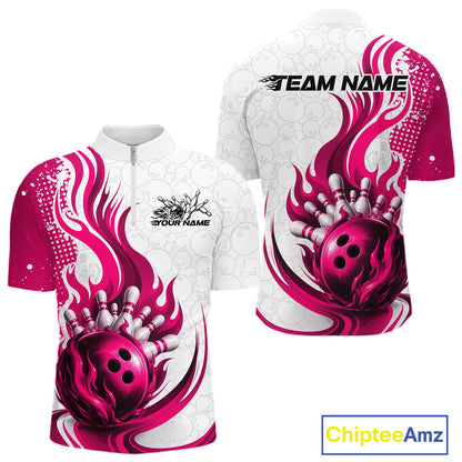Custom short-sleeve bowling-themed quarter- zip shirt shown from the front and back on a white background. The design features a glossy pink bowling ball and bowling pins surrounded by bright pink flame-like swirls on a white base with bowling ball pattern
