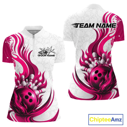 Front and back views of a short-sleeve quarter-zip shirt with a white base and a bold hot pink and magenta bowling graphic. The front features a mock zipper, a bowling pin and ball design on the lower left chest, and customizable text.