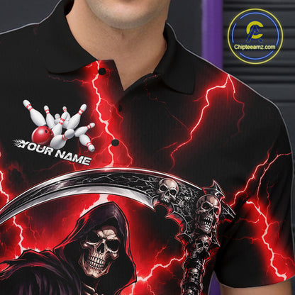 A close-up of a black short-sleeve polo shirt worn by a model, featuring a custom graphic print with red lightning bolts, a grim reaper skull, bowling pins, and the text 'YOUR NAME'. 