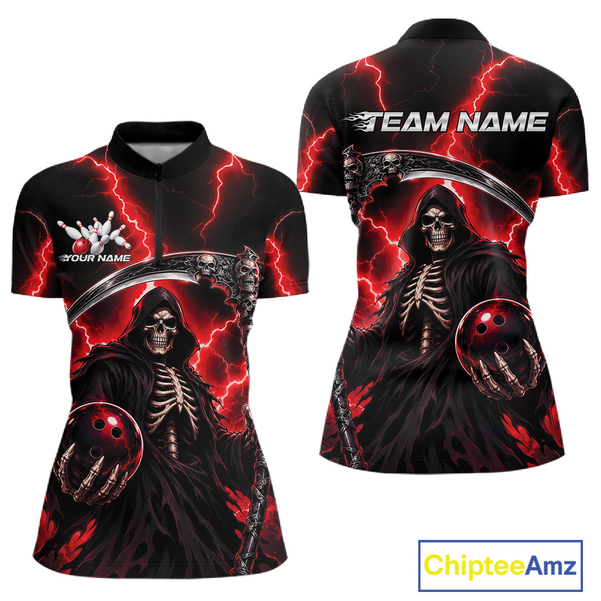 Front and back views of a short-sleeve quarter-zip shirt featuring a Grim Reaper bowling graphic on a black background with red lightning effects. The shirt includes customizable text placeholders 'TEAM NAME' and 'YOUR NAME',