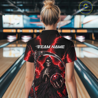 A woman viewed from behind wearing a black short-sleeve bowling shirt with a large grim reaper graphic, red lightning, and the text 'TEAM NAME' on the back. 