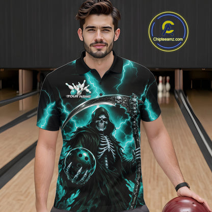 A man wearing a black short-sleeve bowling shirt with a detailed grim reaper graphic featuring a skeleton, scythe, and glowing teal lightning. The shirt has a white logo on the left chest that reads 'YOUR NAME' 