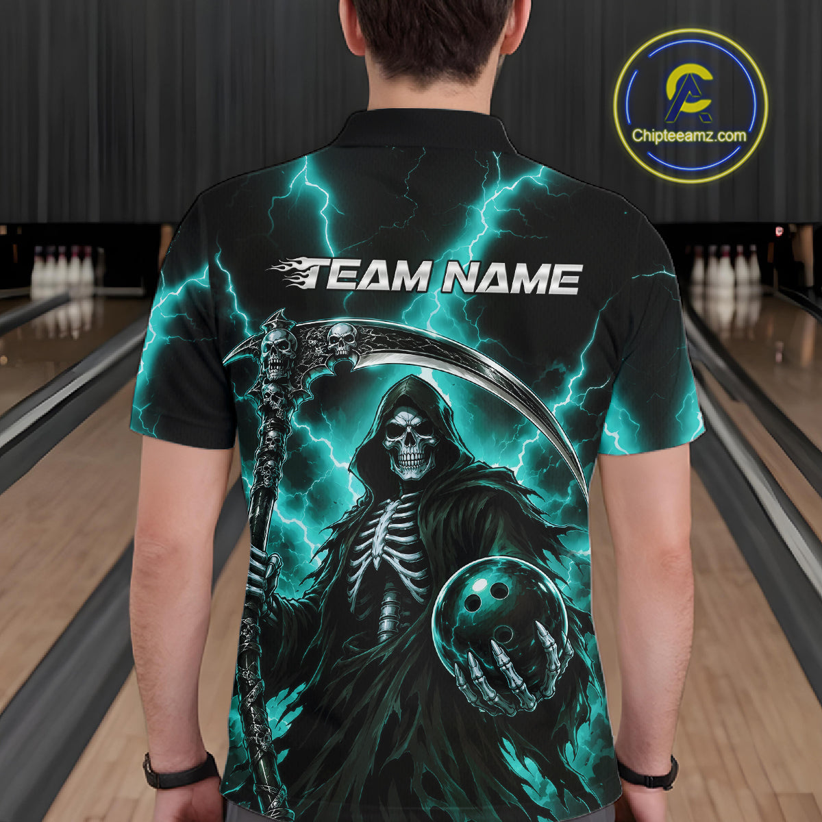 A man viewed from behind wearing a black short-sleeve bowling shirt with a large Grim Reaper graphic, teal lightning effects, and the text 'TEAM NAME' across the back. 