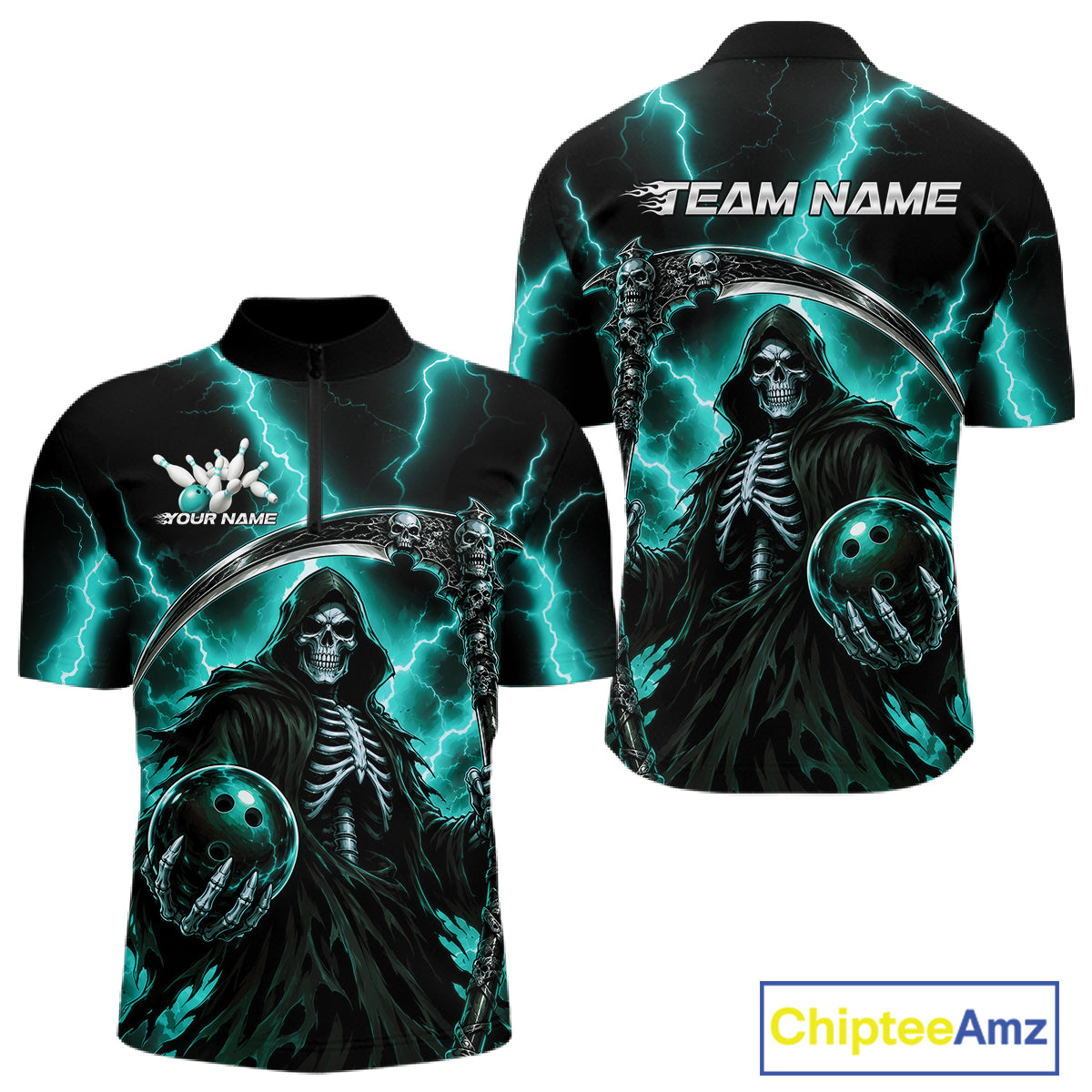 A short-sleeve polo shirt shown from the front and back, featuring a dark grim reaper design with a skull, black cloak, teal lightning, and bowling balls. The front has a white 'YOUR NAME' placeholder and the back has 'TEAM NAME' placeholder text, indicating customizable apparel.