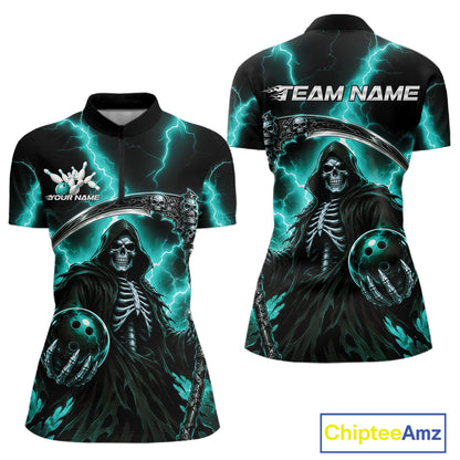 Front and back views of a women's short-sleeve quarter-zip shirt featuring a Grim Reaper graphic with teal lightning, black background, and customizable text areas including 'TEAM NAME' and 'YOUR NAME'.