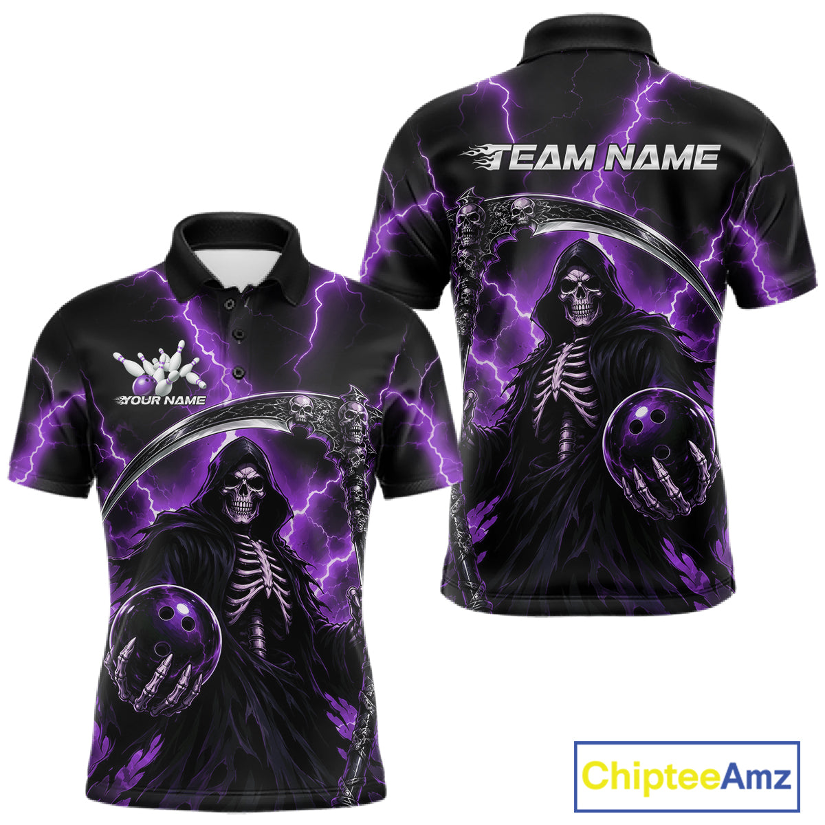 Black short-sleeve polo shirt with a Grim Reaper skeleton graphic, purple lightning effects, and bowling ball details, shown in front and back views on a white background