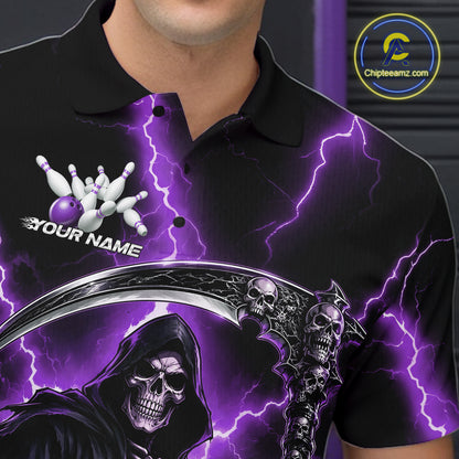 A close-up of a person wearing a black polo shirt with a vivid purple lightning design, a grim reaper skull graphic, bowling pins, and the text 'YOUR NAME' on the chest. 