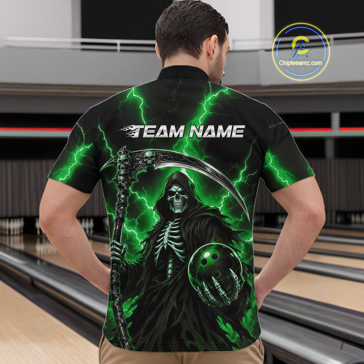 A man viewed from behind wearing a black short-sleeve bowling shirt with a green Grim Reaper graphic, lightning bolts, and the text 'TEAM NAME' across the upper back.
