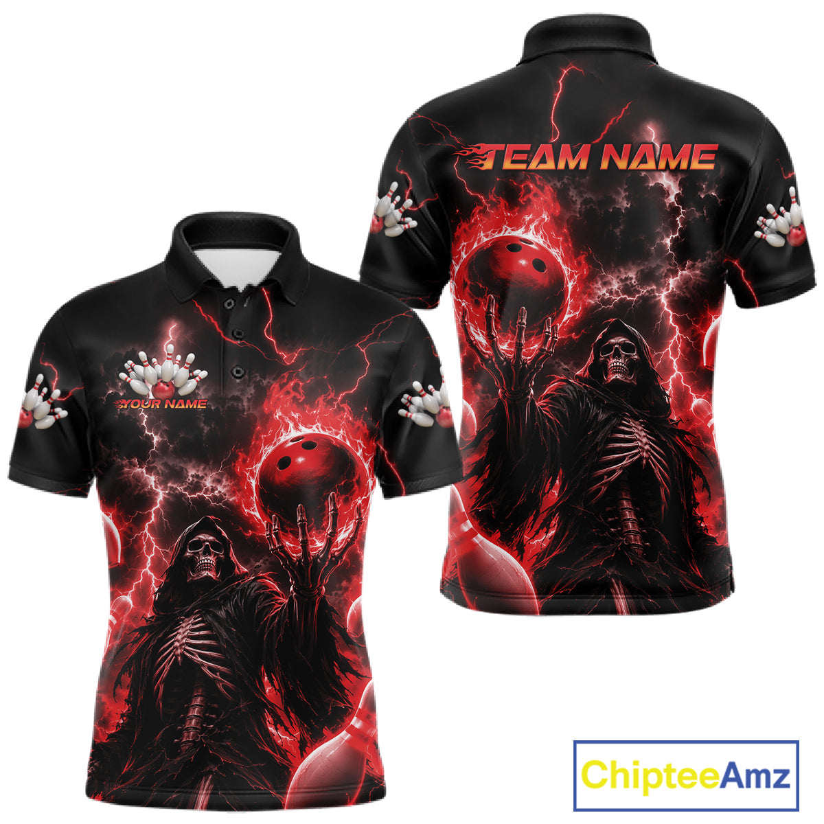 Front and back views of a black short-sleeve polo shirt with a red and black horror-themed graphic print featuring a hooded figure, red bowling balls, lightning, and customizable text reading TEAM NAME. 