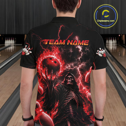 A person viewed from behind wearing a black short-sleeve collared shirt with a large red and black graphic print featuring lightning, a hooded figure, bowling balls, and the text 'TEAM NAME' across the upper back.