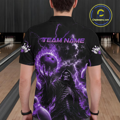 A man viewed from behind wearing a black short-sleeve bowling shirt with a large purple and black graphic of a hooded figure, bowling pins, and lightning. The shirt has 'TEAM NAME' printed across the upper back