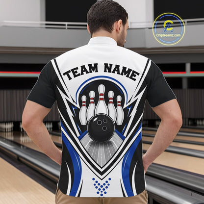 Front view of a male model in a white, black, and blue bowling quarter zip shirt featuring bowling-themed graphics of a bowling ball hitting the pins at a bowling lane.