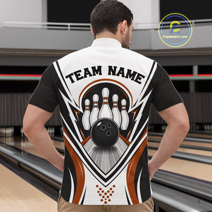 Male model at the bowling lane wearing a white, black, and orange bowling quarter-zip shirt, front view, with bowling strike artwork featuring a bowling ball and pins.