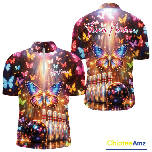 Front and back view of a men’s bowling quarter-zip shirt featuring colorful butterflies above bowling pins and a bowling ball with sparkling lights.
