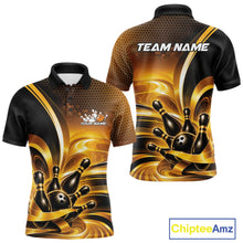 Load image into Gallery viewer, Front and back views of a men's bowling polo shirt mockup featuring glossy gold and black bowling ball and pins graphics.