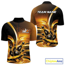 Load image into Gallery viewer, Front and back views of a men's bowling quarter-zip shirt mockup showcasing glossy gold and black bowling ball and pins artwork.