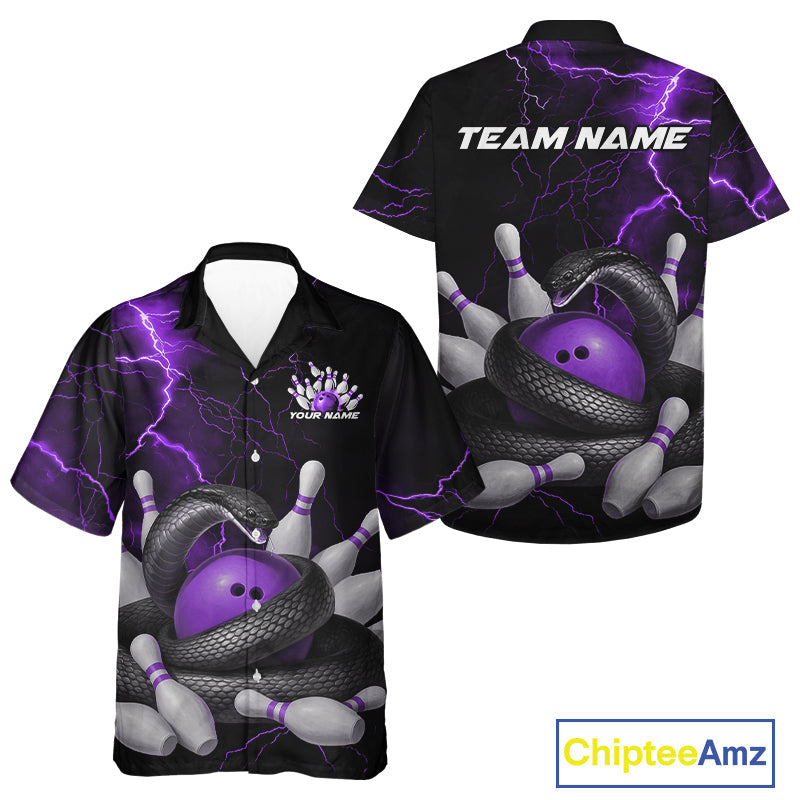 Custom Black And Purple Thunder Lightning Black Mamba Snake Bowling Team Men And Women Hawaiian Shirt IPHW10153