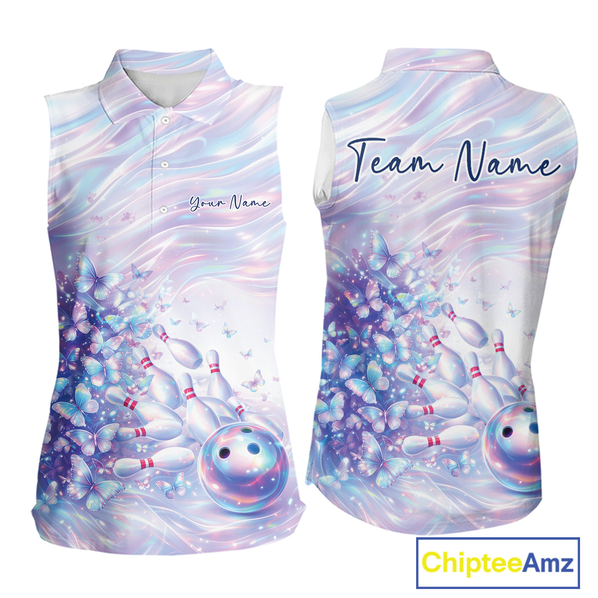 Bowling shirt featuring pastel purple and pink holographic butterflies paired with colorful bowling graphics