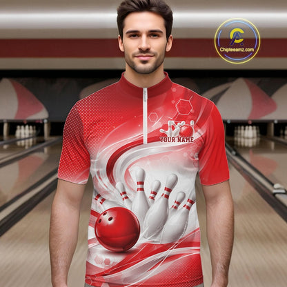 Front view of a male model wearing a white and red bowling quarter-zip shirt with dynamic wave motifs and bowling action artwork