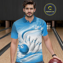 Load image into Gallery viewer, Custom Blue Halftone Dots Hexagon Bowling Team Jerseys, Men Polo Bowling Shirt IPHW11376