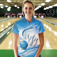 Load image into Gallery viewer, Custom Blue Halftone Dots Hexagon Bowling Team Jerseys, Women Polo Bowling Shirt IPHW11376