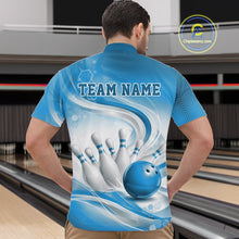 Load image into Gallery viewer, Custom Blue Halftone Dots Hexagon Bowling Team Jerseys, Men Quarter-Zip Bowling Shirt IPHW11376