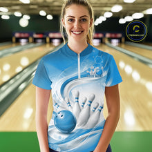 Load image into Gallery viewer, Custom Blue Halftone Dots Hexagon Bowling Team Jerseys, Women Quarter-Zip Bowling Shirt IPHW11376