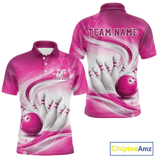 Front and back mockup of a mens white and pink bowling polo shirt featuring abstract wave lines and a glossy bowling ball striking pins.