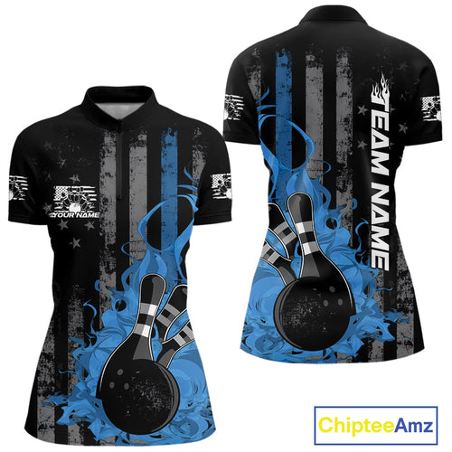 Custom Grunge Vintage Blue Thin Line US Flag Patriotic Women Bowling Team Shirts IPHW10170