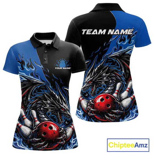 Custom Blue And Red Dragon Bowling Women Polo Team Shirt, Dragon Bowling League Shirts IPHW10368