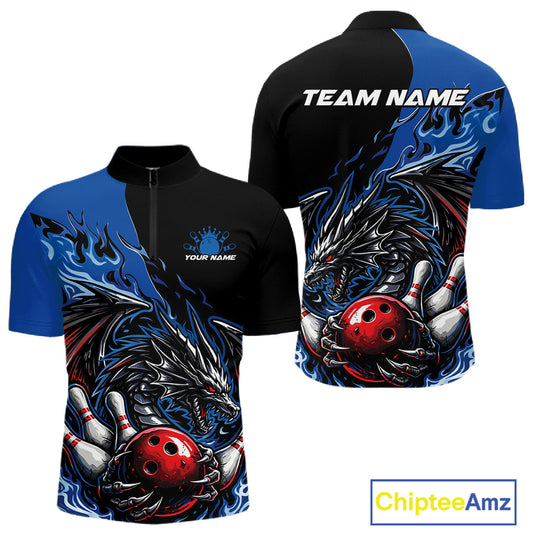 Custom Blue And Red Dragon Bowling Men Quarter-Zip Team Shirt, Dragon Bowling League Shirts IPHW10368