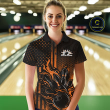Load image into Gallery viewer, Custom Orange Patrotic Flame Bowling Women Polo Shirt, US Flag Bowling Jersey IPHW11156