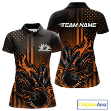 Load image into Gallery viewer, Custom Orange Patrotic Flame Bowling Women Polo Shirt, US Flag Bowling Jersey IPHW11156