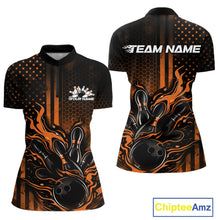 Load image into Gallery viewer, Custom Orange Patrotic Flame Bowling Women Quarter-Zip Shirt, US Flag Bowling Jersey IPHW11156