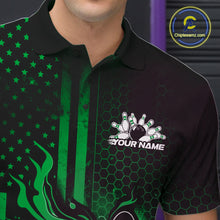 Load image into Gallery viewer, Custom Green Patrotic Flame Bowling Men Polo Shirt, US Flag Bowling Jersey IPHW11157