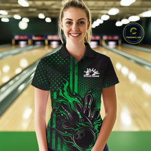 Load image into Gallery viewer, Custom Green Patrotic Flame Bowling Women Polo Shirt, US Flag Bowling Jersey IPHW11157